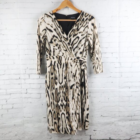 TAHARI ASL CREAM TAN & BLACK ANIMAL PRINT 3/4 SLEEVE MOCK WRAP MIDI DRESS SIZE 2 - Picture 2 of 12